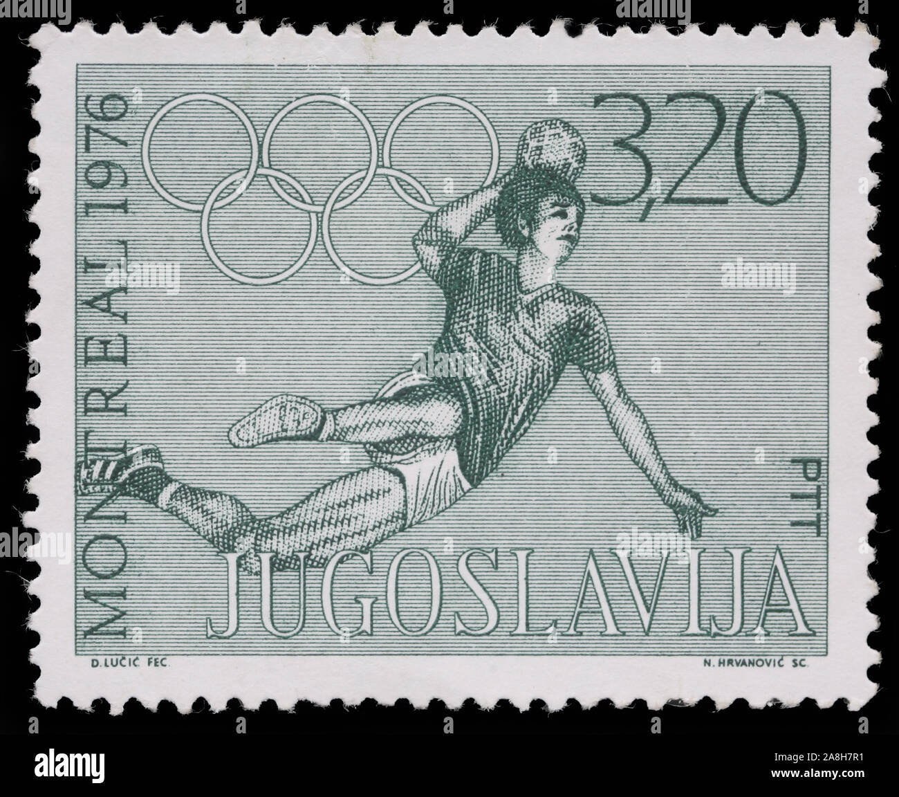 Sello impreso en Yugoslavia presenta juegos olímpicos en Montreal, circa 1976 Foto de stock