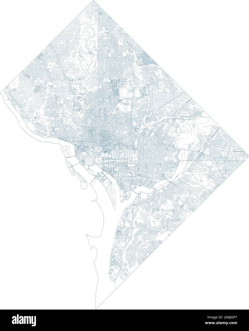 Mapa satelital de Washington D.C. y edificios, EE.UU.. Mapa de carreteras, autopistas y carreteras de circunvalación, ríos. Mapa de transporte Ilustración del Vector