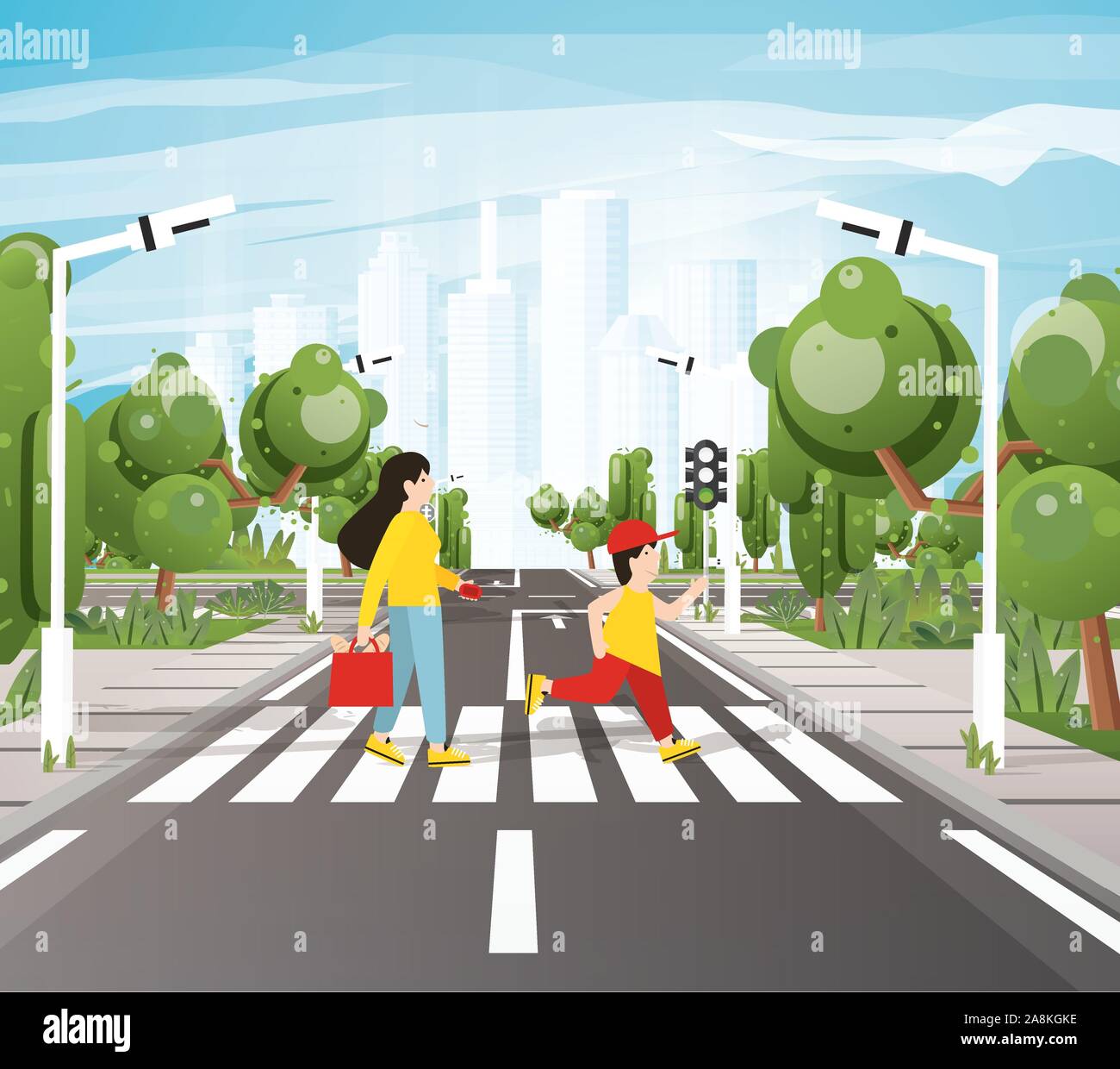 Mamá con hijo Crossing Road en el cruce peatonal, señalización vial, acera para los peatones, árboles y semáforos. Ilustración vectorial. Ilustración del Vector