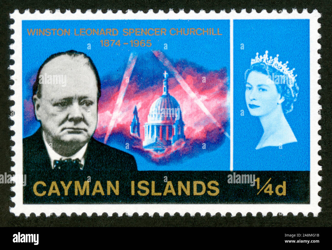 Impresión de sello en islas Caimán,1965, Winston Churchill, la Reina Isabel II Foto de stock