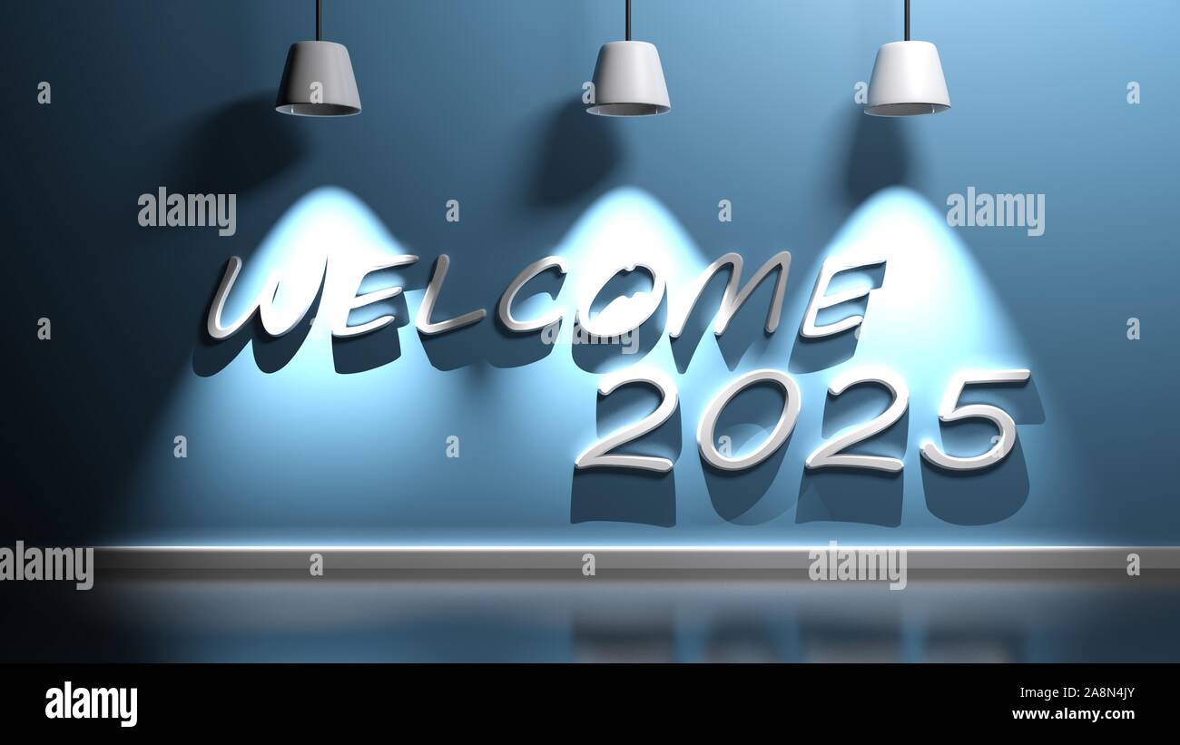 Bienvenido 2025 Escribir en azul con lámparas de pared 3D rendering