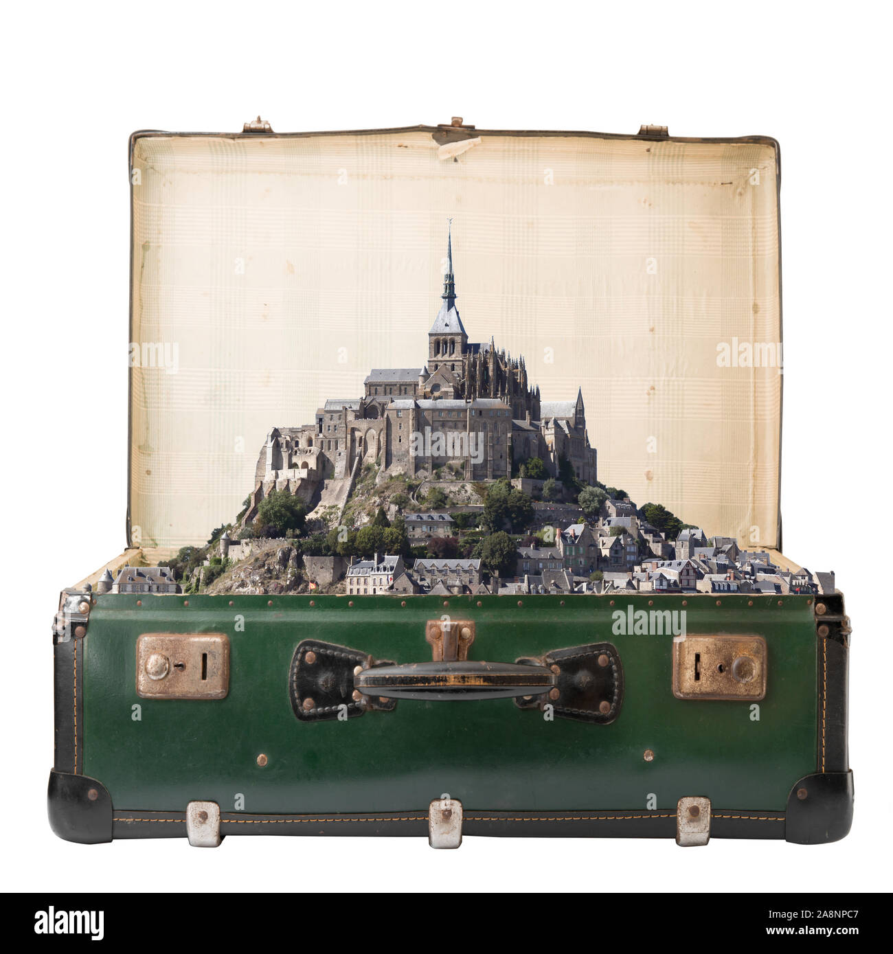 Vista de la abadía de Mont Saint Michel en maleta Foto de stock