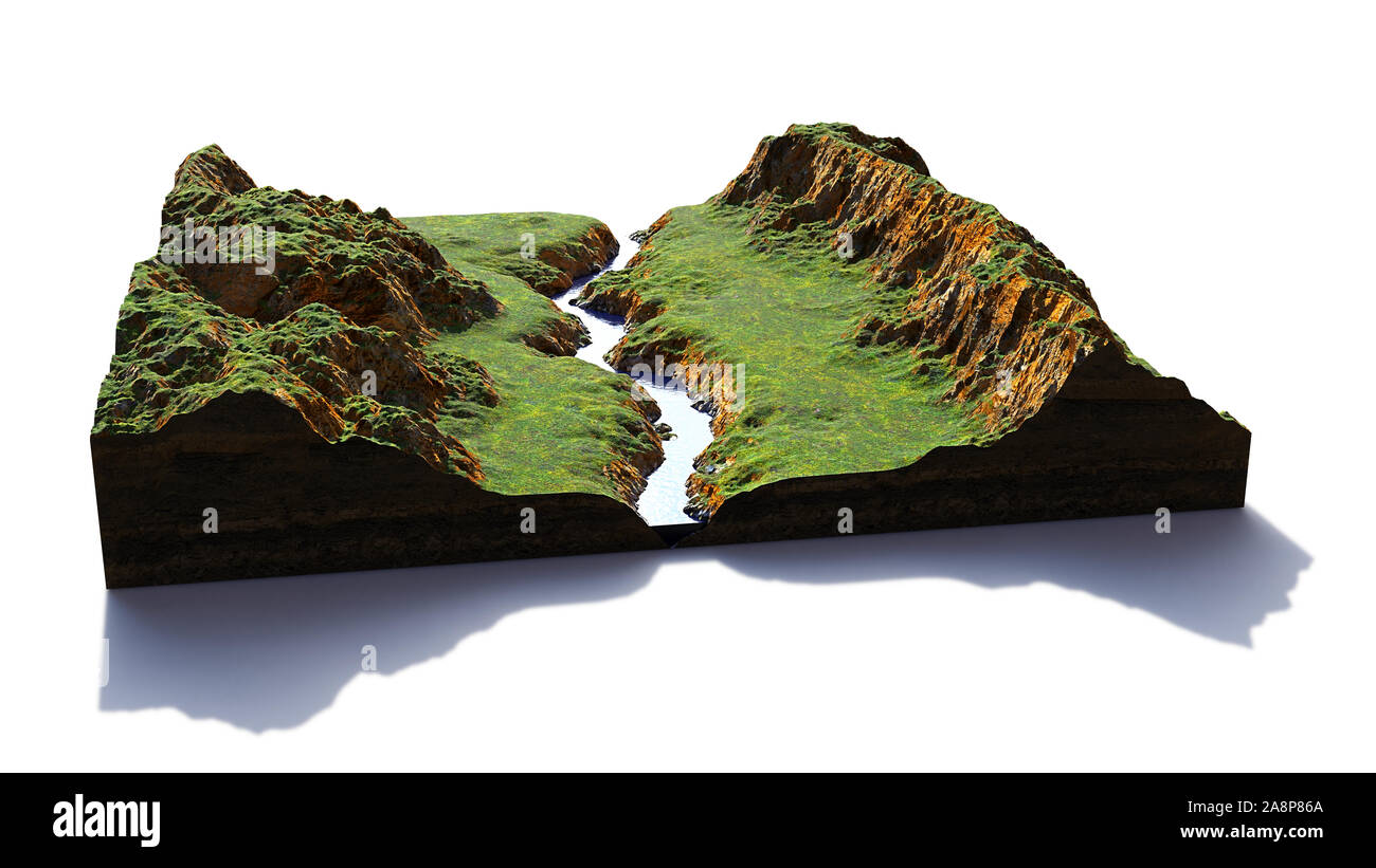 Sección transversal de un terreno con colinas, ríos y prados (3D Rendering, aislado con sombra sobre fondo blanco) Foto de stock