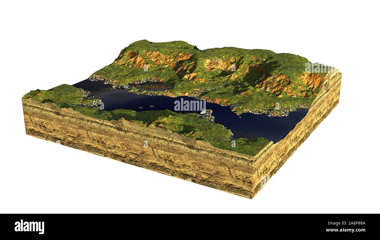 Sección transversal de un terreno con colinas, ríos y prados (Ilustración 3d, aislado sobre fondo blanco) Foto de stock