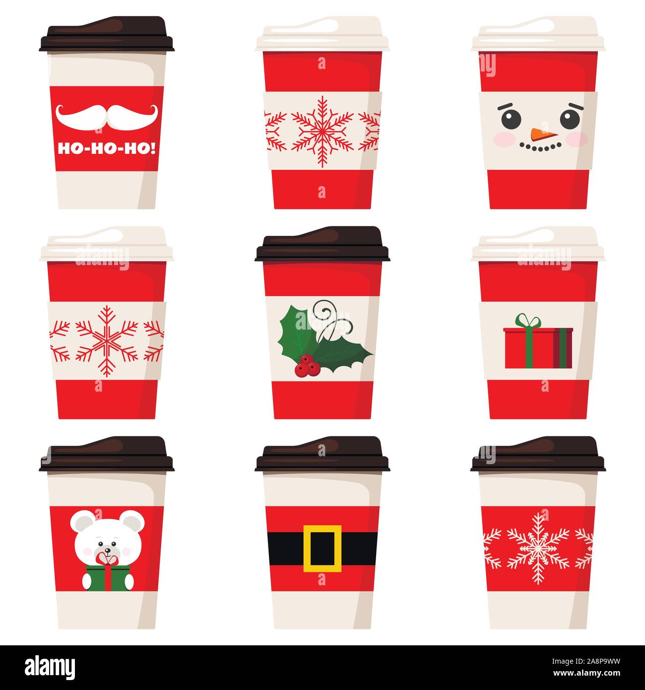 Diseño plano vectorial tazas de té o café de papel decoradas lindo Feliz  Navidad personajes aislado sobre fondo blanco Imagen Vector de stock - Alamy