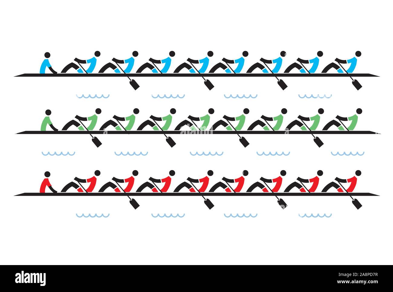 Carrera de remo ochos, iconos. Ilustración estilizada de los remeros competidores sobre fondo blanco.Vector disponible. Ilustración del Vector