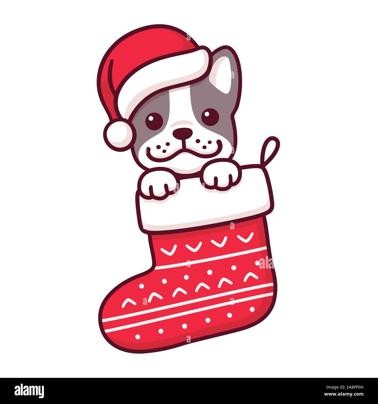 Cute dibujos animados cachorro bulldog francés en Santa Claus sombrero  dentro colgando calcetines de Navidad. Feliz Navidad tarjeta de  felicitación con el dibujo de un perro rojo calcetín Imagen Vector de stock  -