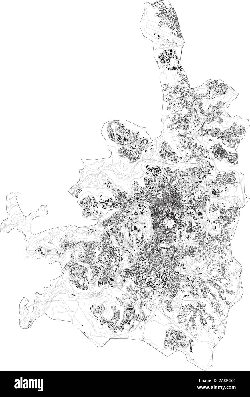 Mapa satelital de Jerusalén y edificios, Israel. Mapa de carreteras, autopistas y carreteras de circunvalación, ríos. Mapa de transporte Ilustración del Vector