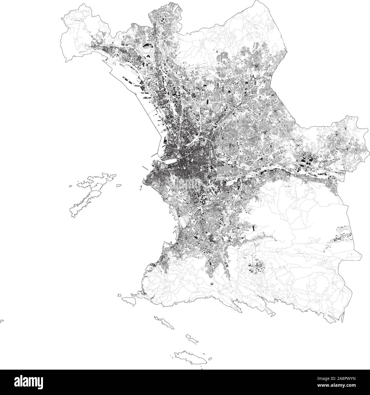 Mapa satelital de Marsella y edificios, Francia. Mapa de carreteras, autopistas y carreteras de circunvalación, ríos. Mapa de transporte Ilustración del Vector