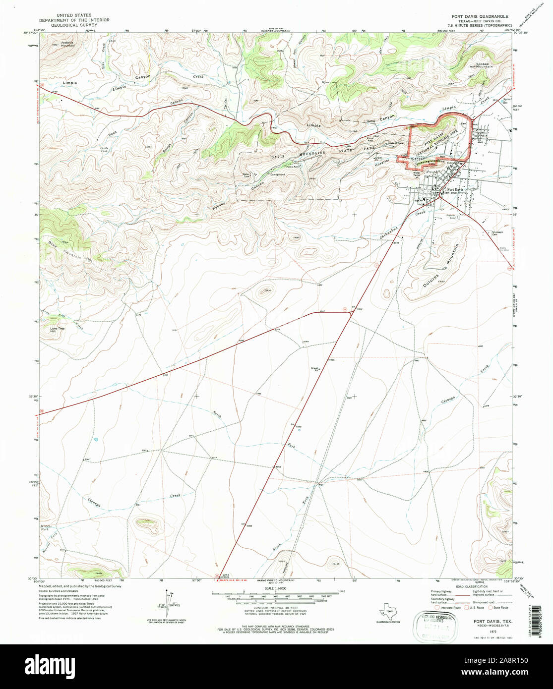 USGS Mapa TOPO TX Texas Fort Davis 1972 108220 24000 Restauración Foto de stock
