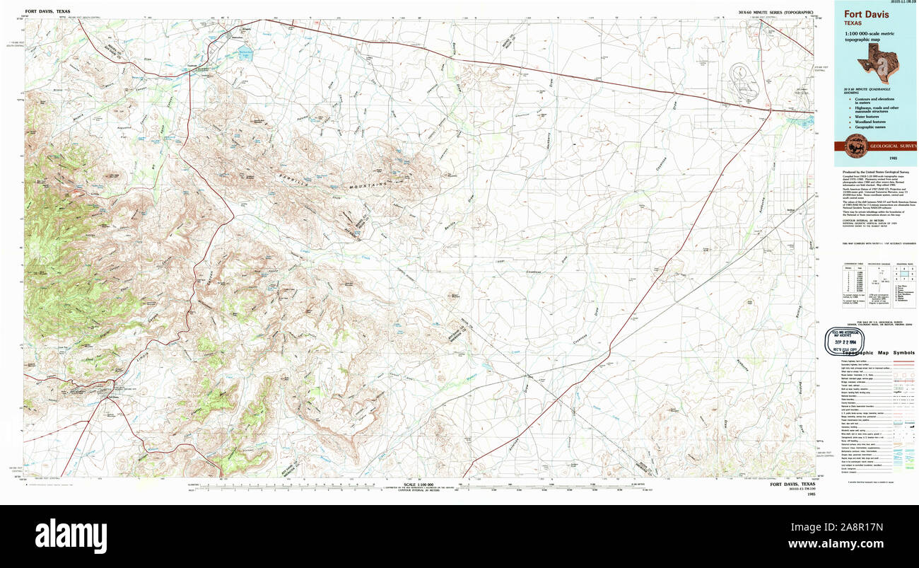 USGS Mapa TOPO TX Texas Fort Davis 1985 117746 100000 Restauración Foto de stock