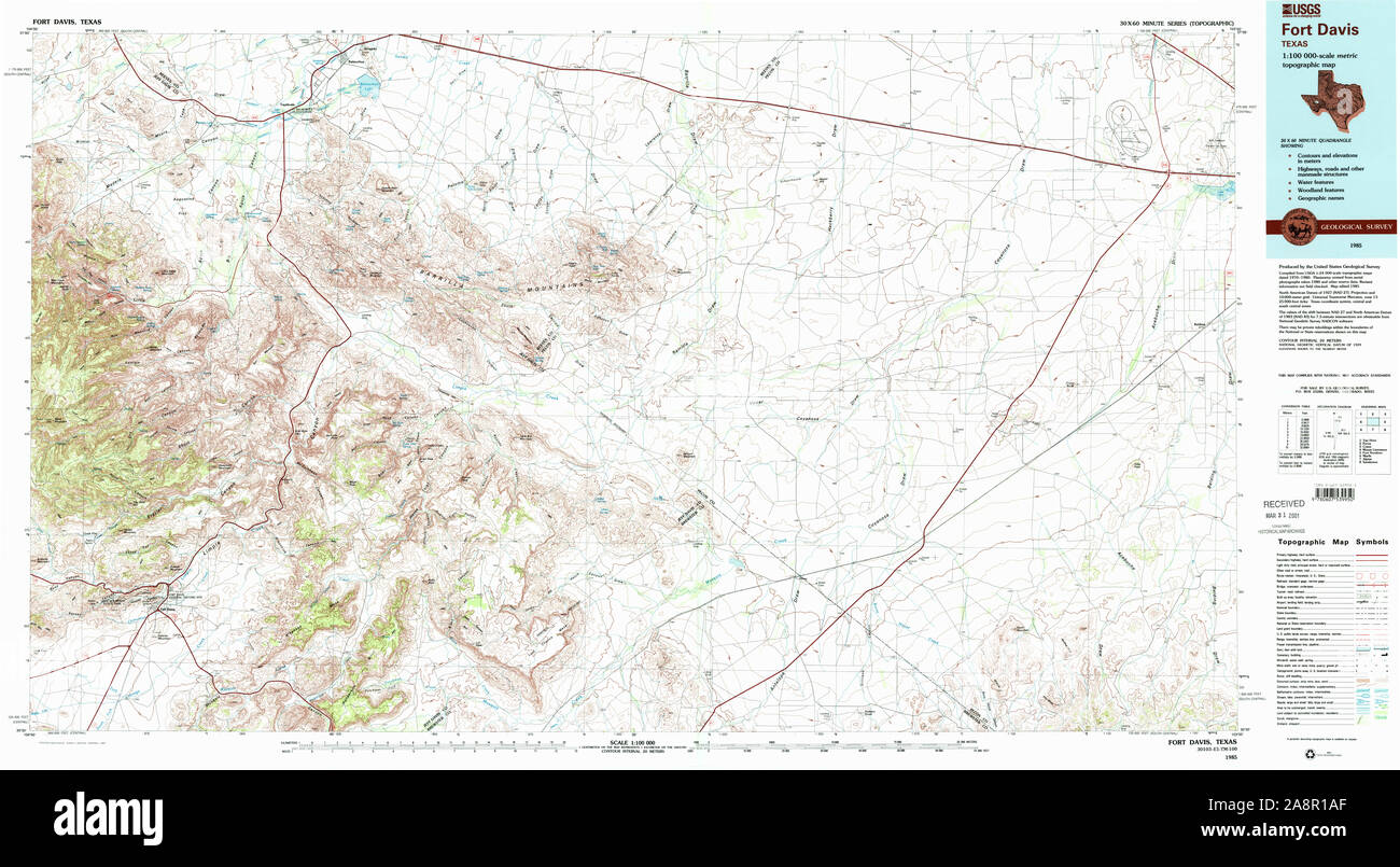 USGS Mapa TOPO TX Texas Fort Davis 1985 117745 100000 Restauración Foto de stock