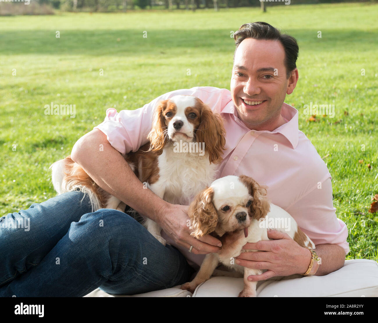 Estrictamente come dancing juez Craig Revel Horwood con sus dos King Charles épagneuls perros de rescate Sophie y Charlie en su casa Andover en Hampshire. Foto de stock