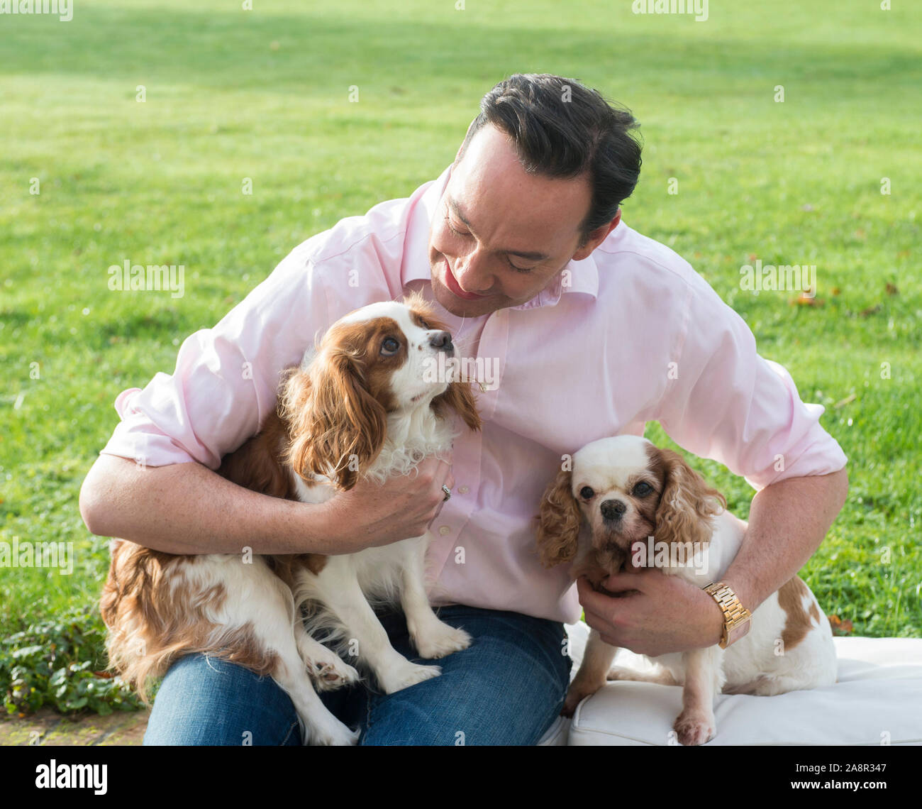 Estrictamente come dancing juez Craig Revel Horwood con sus dos King Charles épagneuls perros de rescate Sophie y Charlie en su casa Andover en Hampshire. Foto de stock