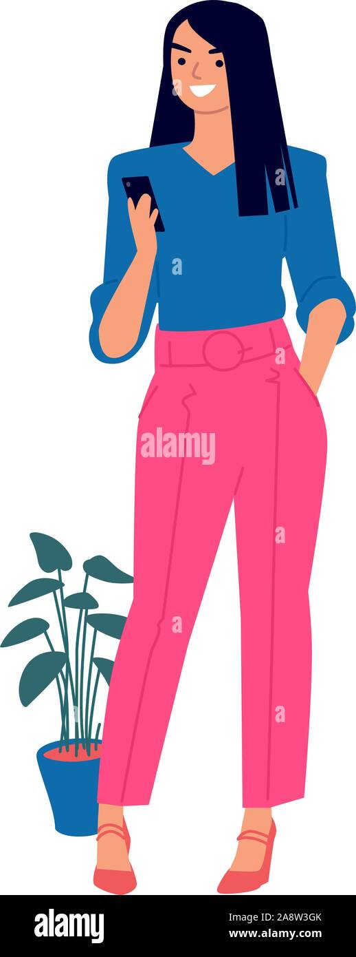 Ilustración de una linda chica en una blusa azul y rosa pantalones. Vector.  Mujer con un teléfono. Estilo de vestir casual. Estilo plano. Está aislado  en una imagen Imagen Vector de stock -