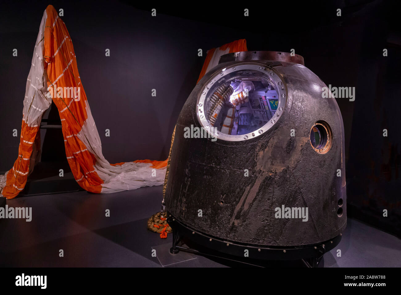 La cápsula espacial Soyuz en la que el astronauta británico Tim Peake viajó a la Estación Espacial Internacional Foto de stock