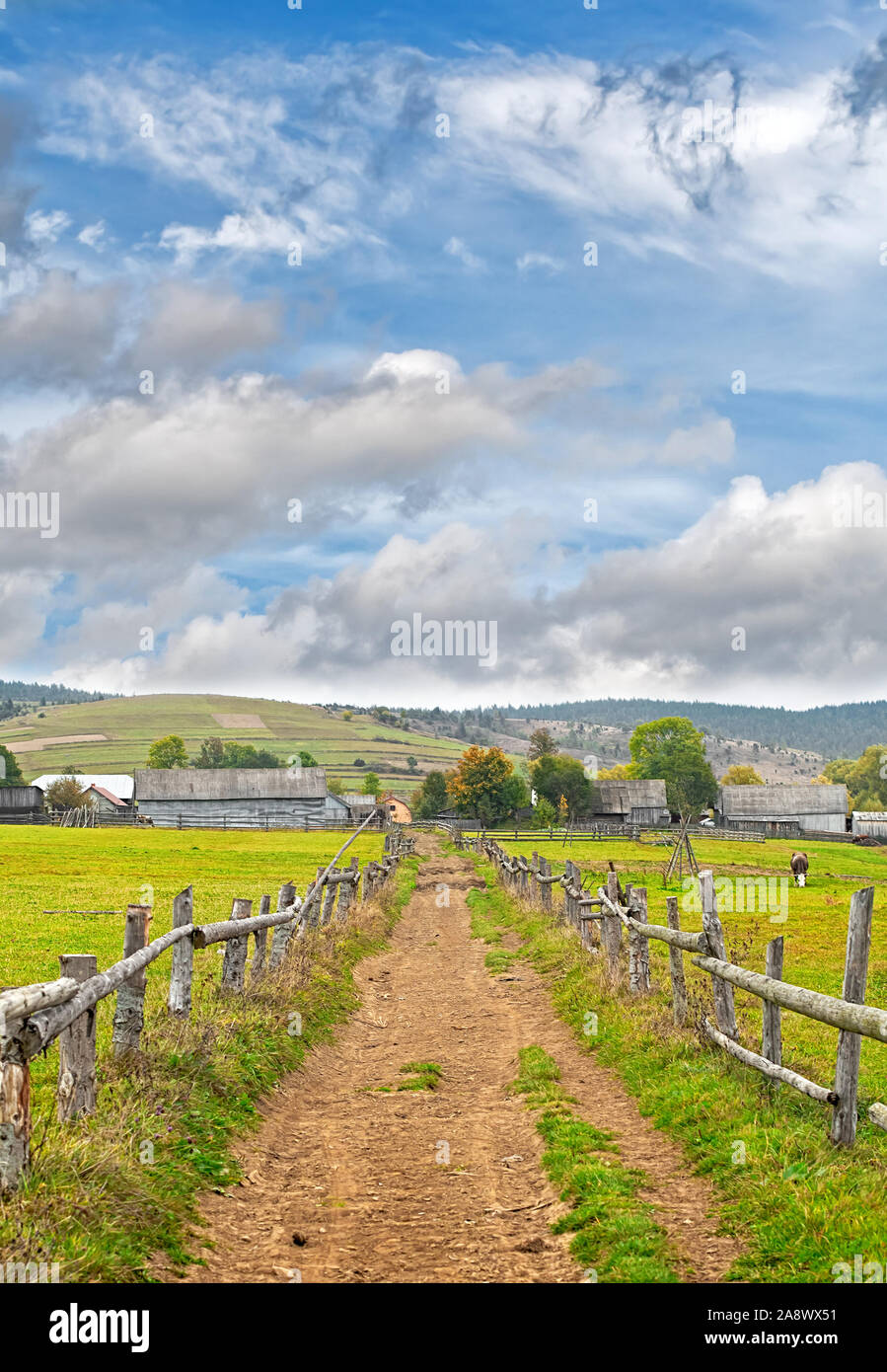 Hermoso paisaje del otoño en las montañas con la valla de madera y camino de tierra. Las crestas de las montañas en el fondo. Los montes Cárpatos. Ucrania Foto de stock