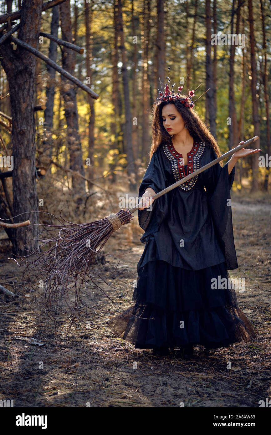 Lindo, malvada hechicera, De pelo largo en negro, largo vestido bordado. Hay una gran corona roja en su Brown, el cabello rizado. Ella está posando con ella broo Fotografía de stock - Lindo, malvada hechicera, De pelo largo en negro, largo vestido bordado. Hay una gran corona roja en su Brown, el cabello rizado. Ella está posando con ella broo Fotografía de stock -