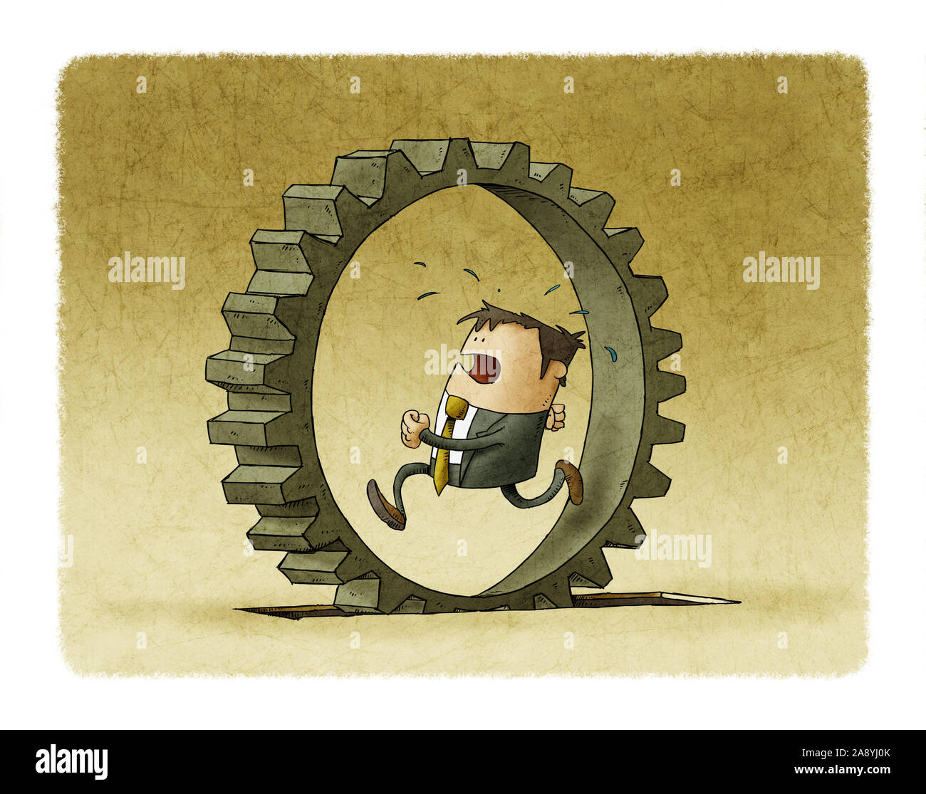 Ilustración de un empresario que se ejecute dentro de una rueda dentada, el concepto de esfuerzo y la rutina diaria. Foto de stock