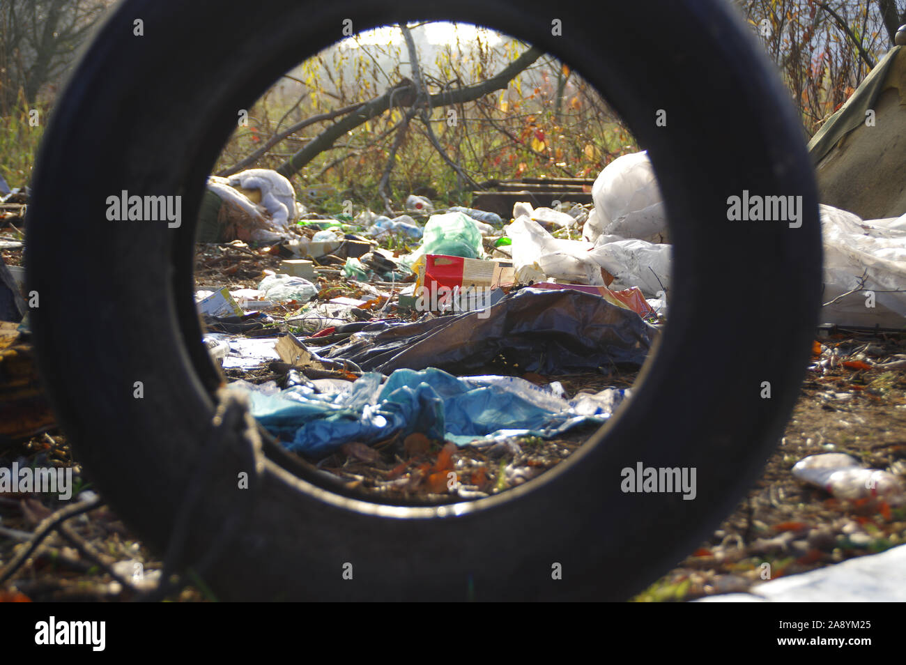 Montón de basura plástica en el bosque. Concepto de protección ambiental. Foto de stock