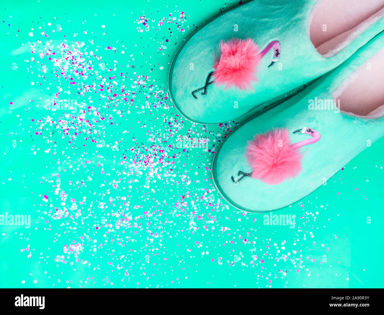 Rosa mullidas zapatillas de moda con Pink Flamingo diseño de moda sobre  fondo de color verde menta. Elementos de confort en el hogar, descansar y  relajarse concepto Fotografía de stock - Alamy