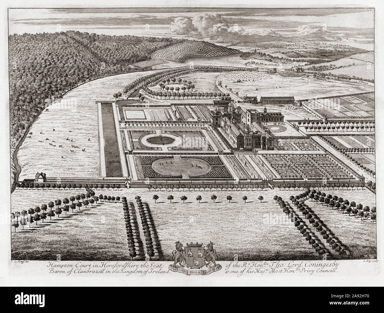 Hampton Court Palace, los jardines y la zona circundante, Greater London, England. Después de una primera impresión del siglo xviii grabado por Johannes Kip Foto de stock