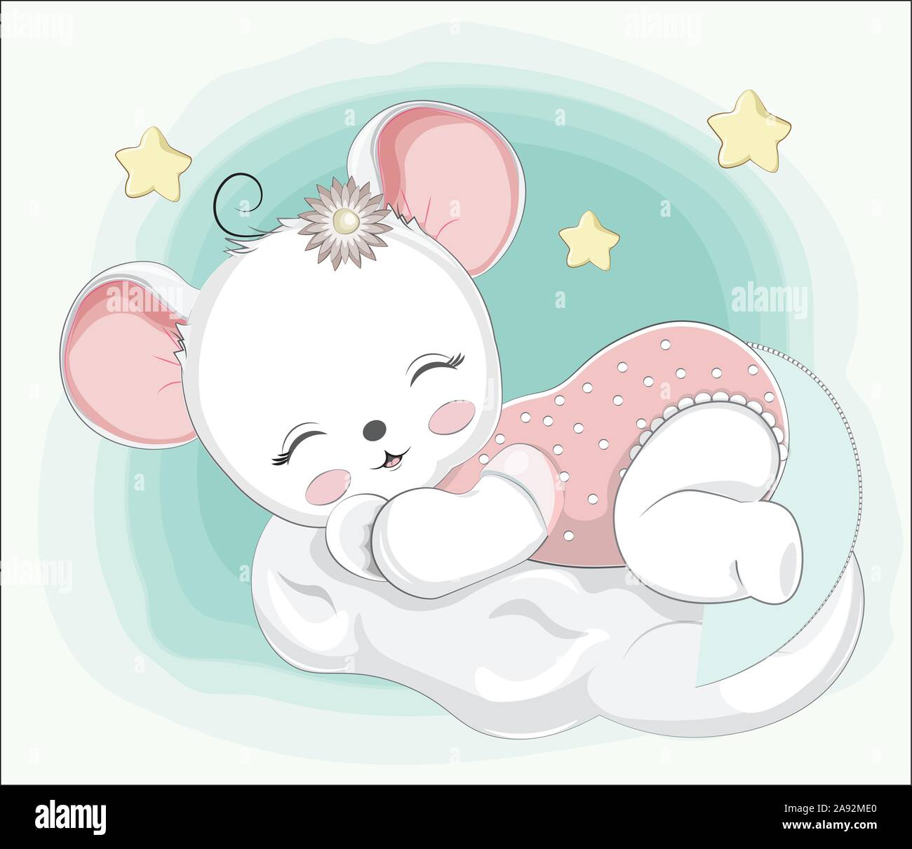 Niña de dormir bebé ratón en nube. Imagen de estilo de dibujo a mano alzada para  baby shower. Tarjeta de felicitación, de invitación a fiesta, ropa de moda  t-shirt imprimir Imagen Vector