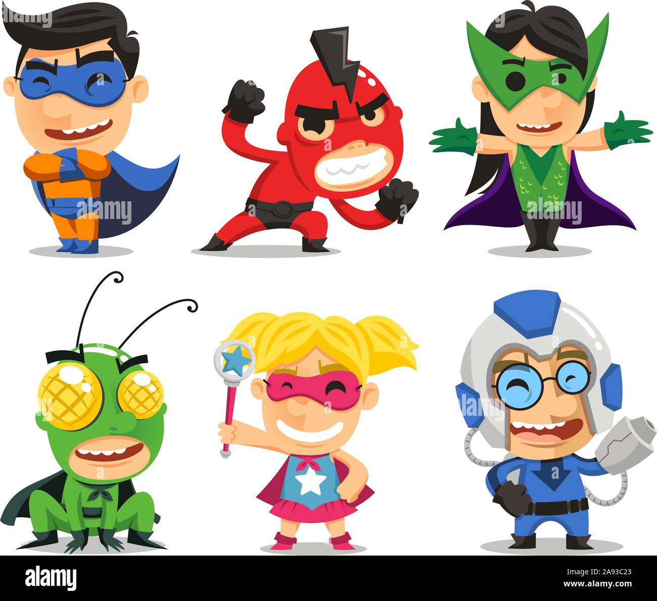 Los niños en trajes de superhéroes de dibujos animados de vectores Imagen  Vector de stock - Alamy