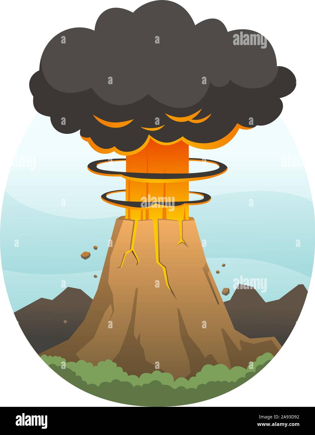 Erupción de volcán en erupción de humo y lava en alta montaña, ilustración  vectorial de dibujos animados Imagen Vector de stock - Alamy