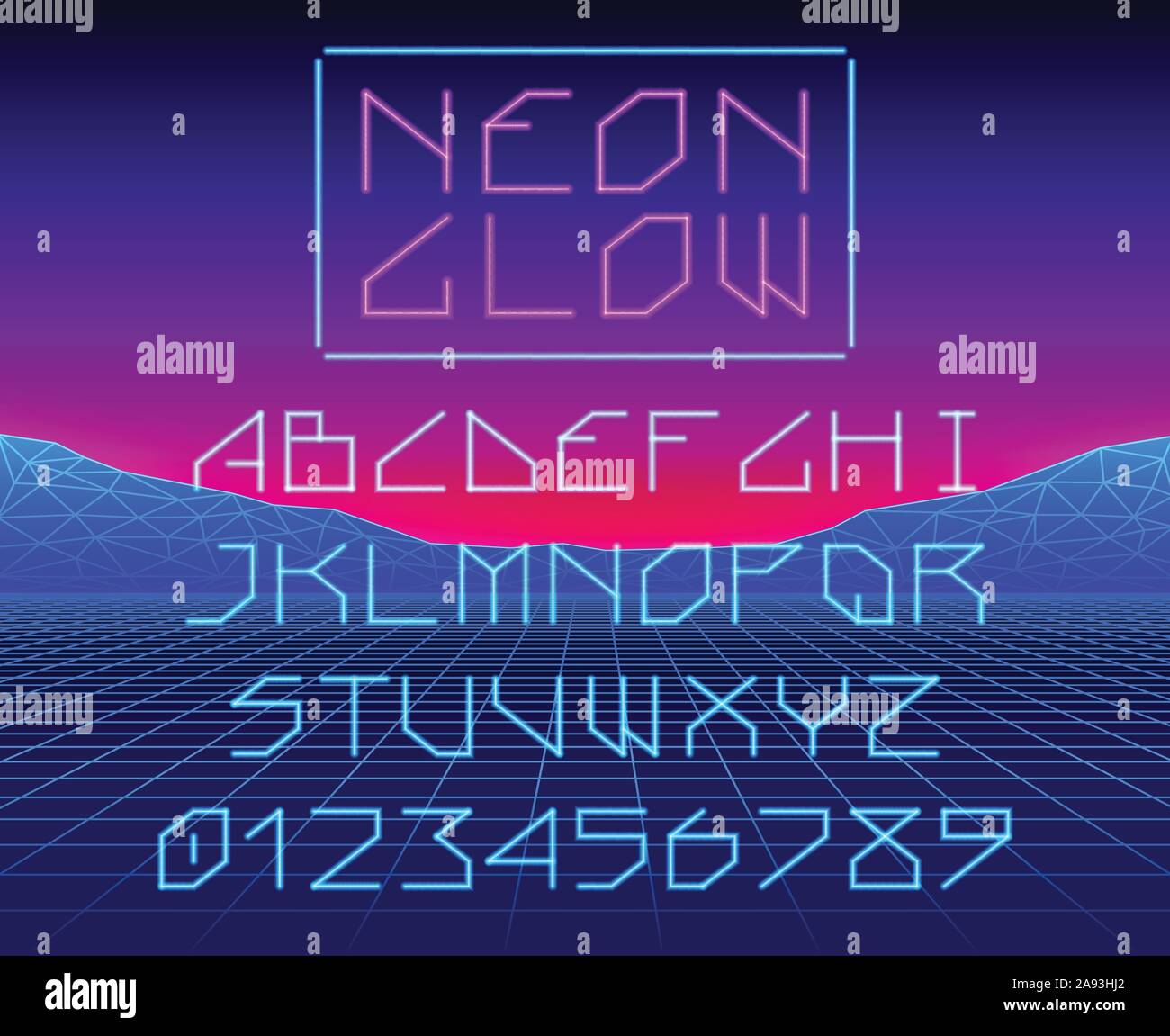 Neón brillante juego retro fuente láser o una tipografía con letras y  dígitos Imagen Vector de stock - Alamy