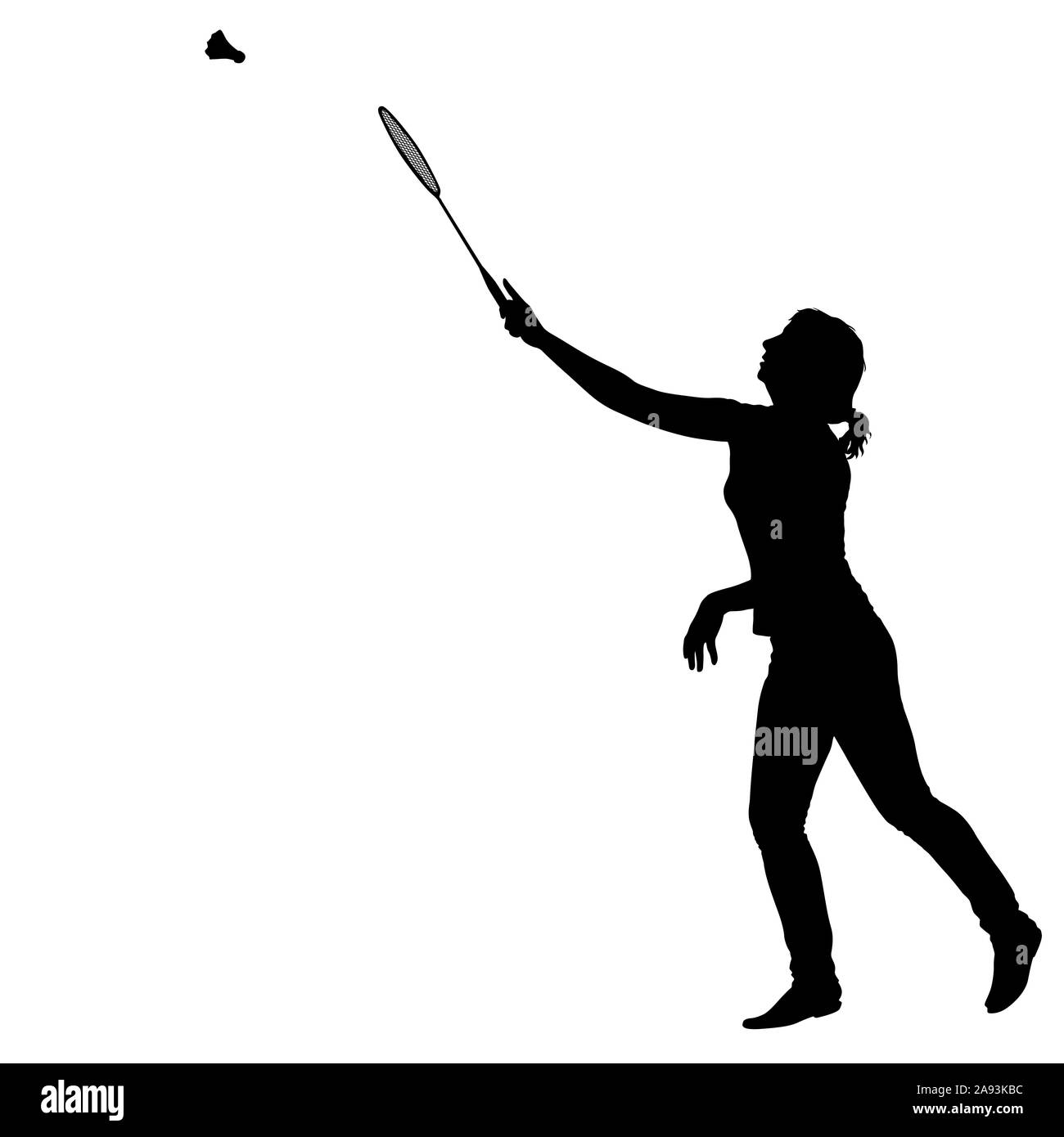 Silueta negra de jugador de bádminton femenino sobre fondo blanco. Foto de stock