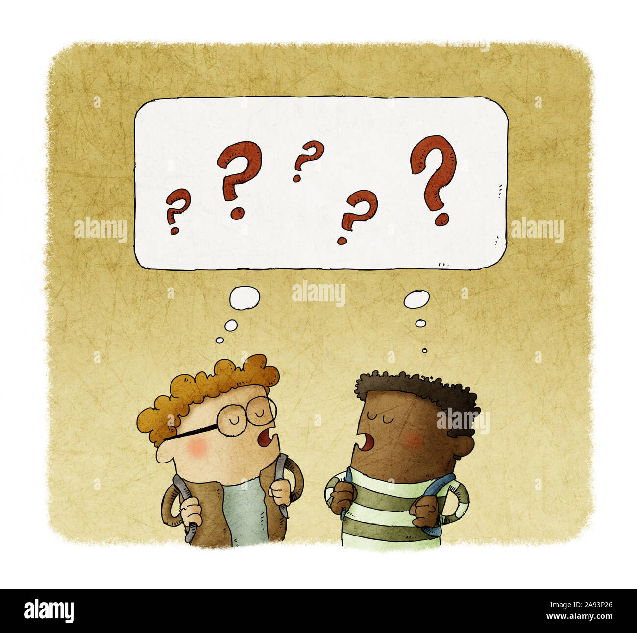 Ilustración de dos niños pequeños el pensamiento con signos de pregunta sobre sus cabezas. Foto de stock
