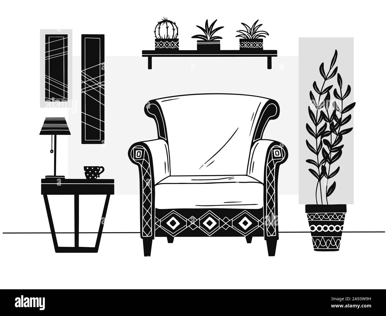 Silla, mesa con taza. Estantería con libros y plantas. Ilustración vectorial dibujada a mano de un estilo de dibujo Ilustración del Vector