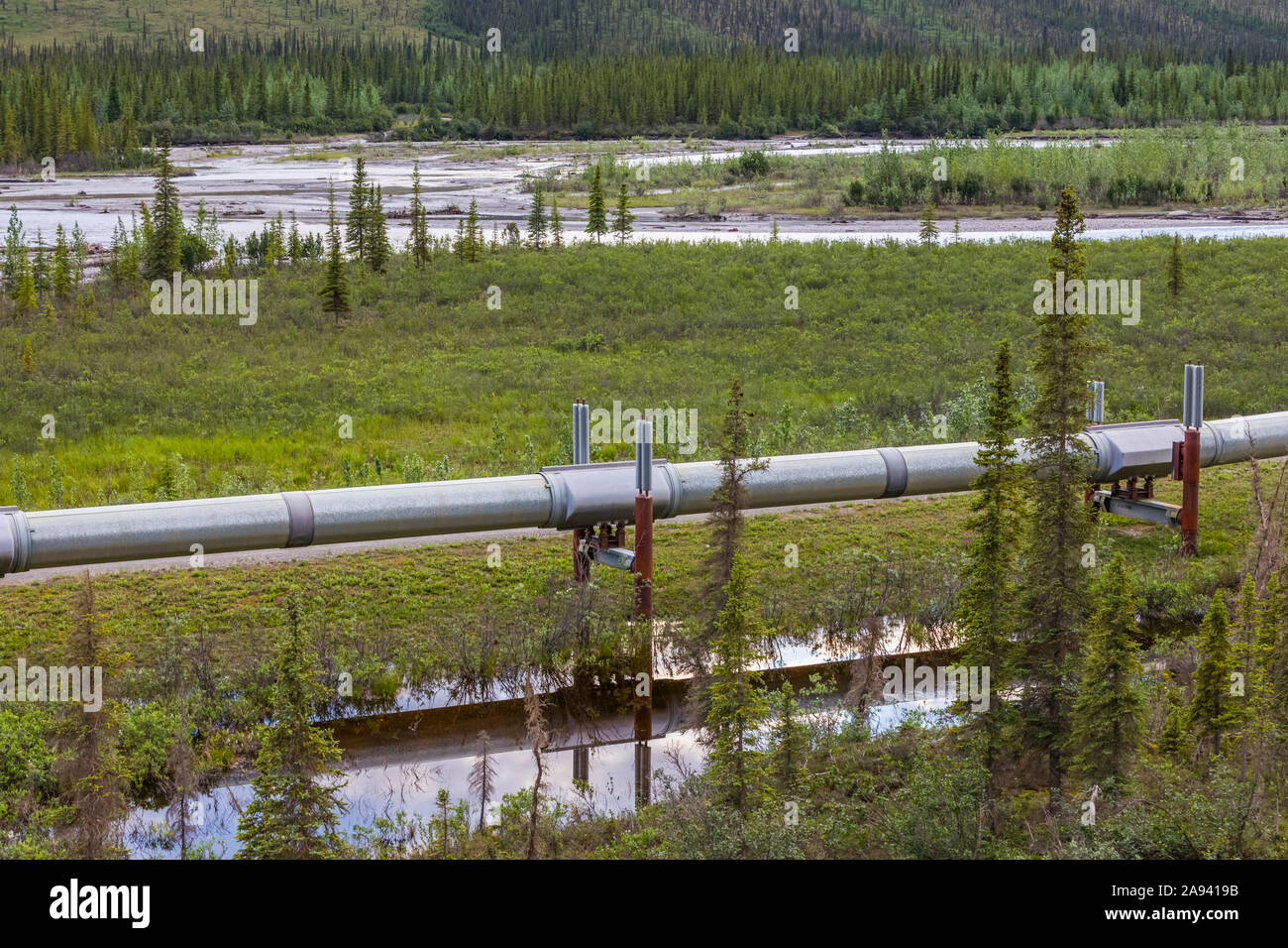 El oleoducto Trans-Alaska se refleja en un estanque junto a la autopista Dalton; Alaska, Estados Unidos de América Foto de stock