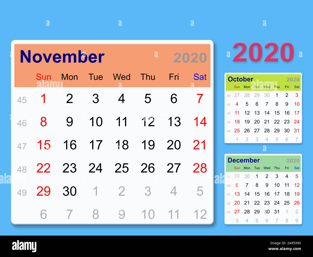 Plantilla de calendario de escritorio 2020 - Noviembre- aislado sobre fondo  de color Fotografía de stock - Alamy