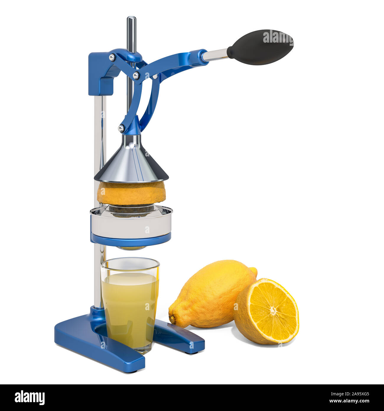 Exprimidor de cítricos manual con un vaso de zumo de limón y los limones,  3D rendering aislado sobre fondo blanco Fotografía de stock - Alamy