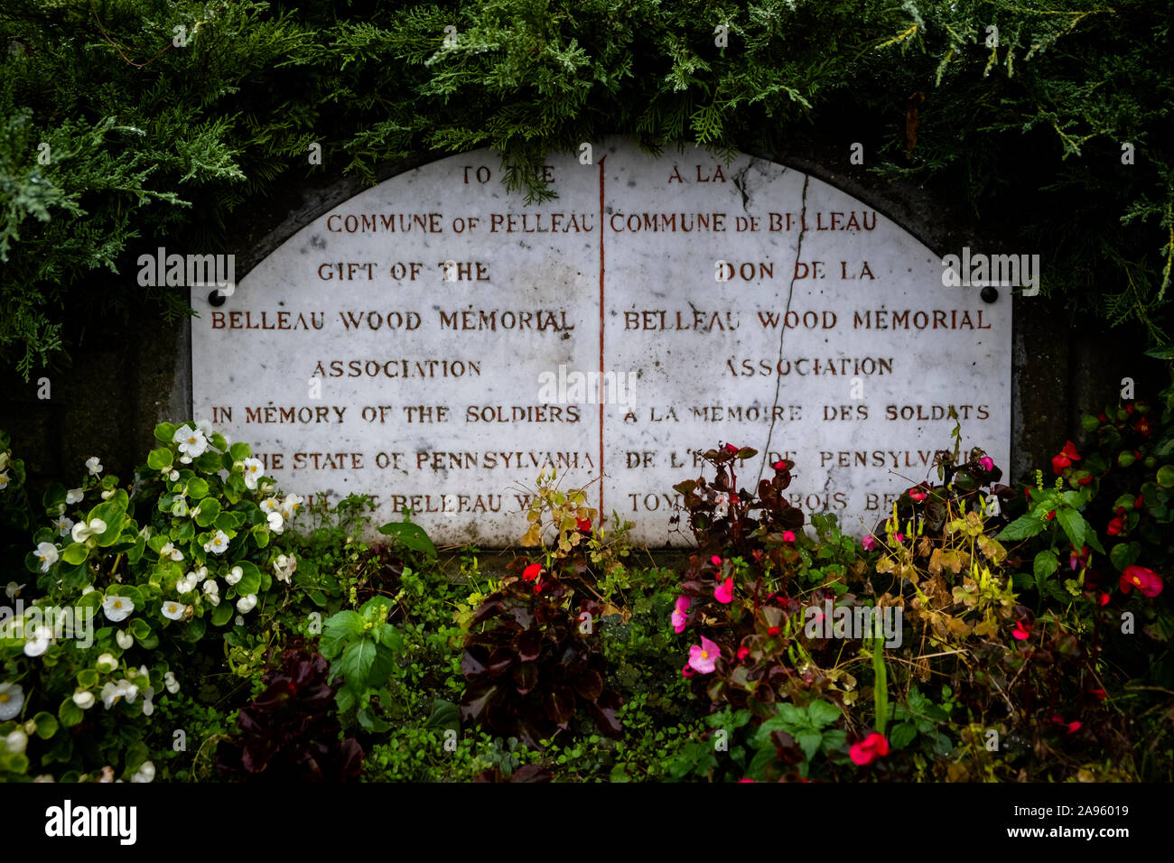 Concretamente, un pequeño monumento a los soldados caídos de WWI que vinieron de Pennsylvania por la comuna de Belleau, sitio de feroces batallas en la primera guerra mundial Foto de stock
