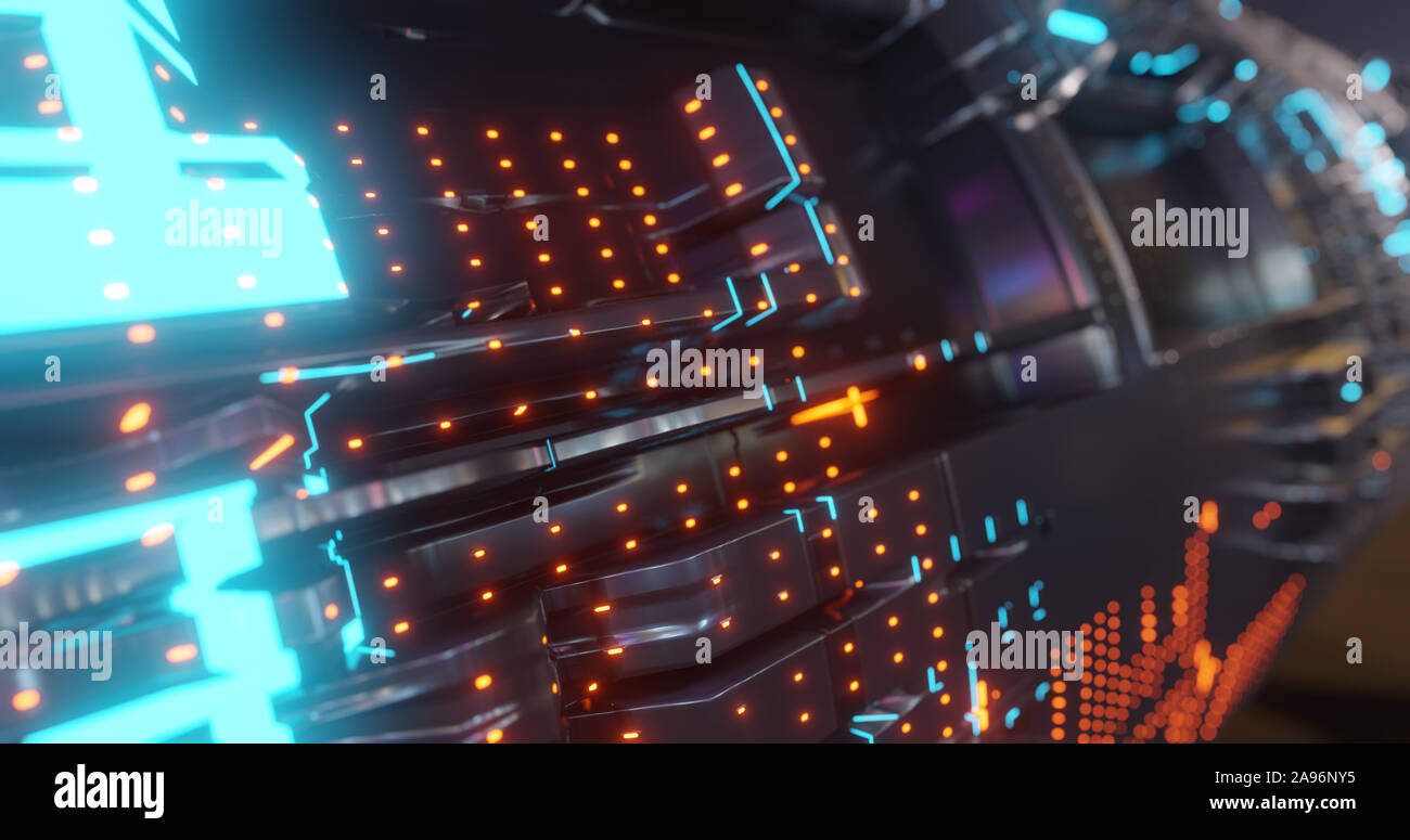 Tecnología de fondo abstracto, LED parpadeante y partículas. La animación de la señal del circuito eléctrico con luz y resplandor Bokeh. Concepto futurista. 3D Foto de stock