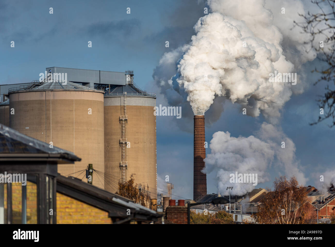 Emisiones de la fábrica del Reino Unido - chimeneas de la fábrica de remolacha azucarera - el vapor se eleva de la fábrica británica de azúcar en Bury St Edmunds Suffolk, Reino Unido Foto de stock