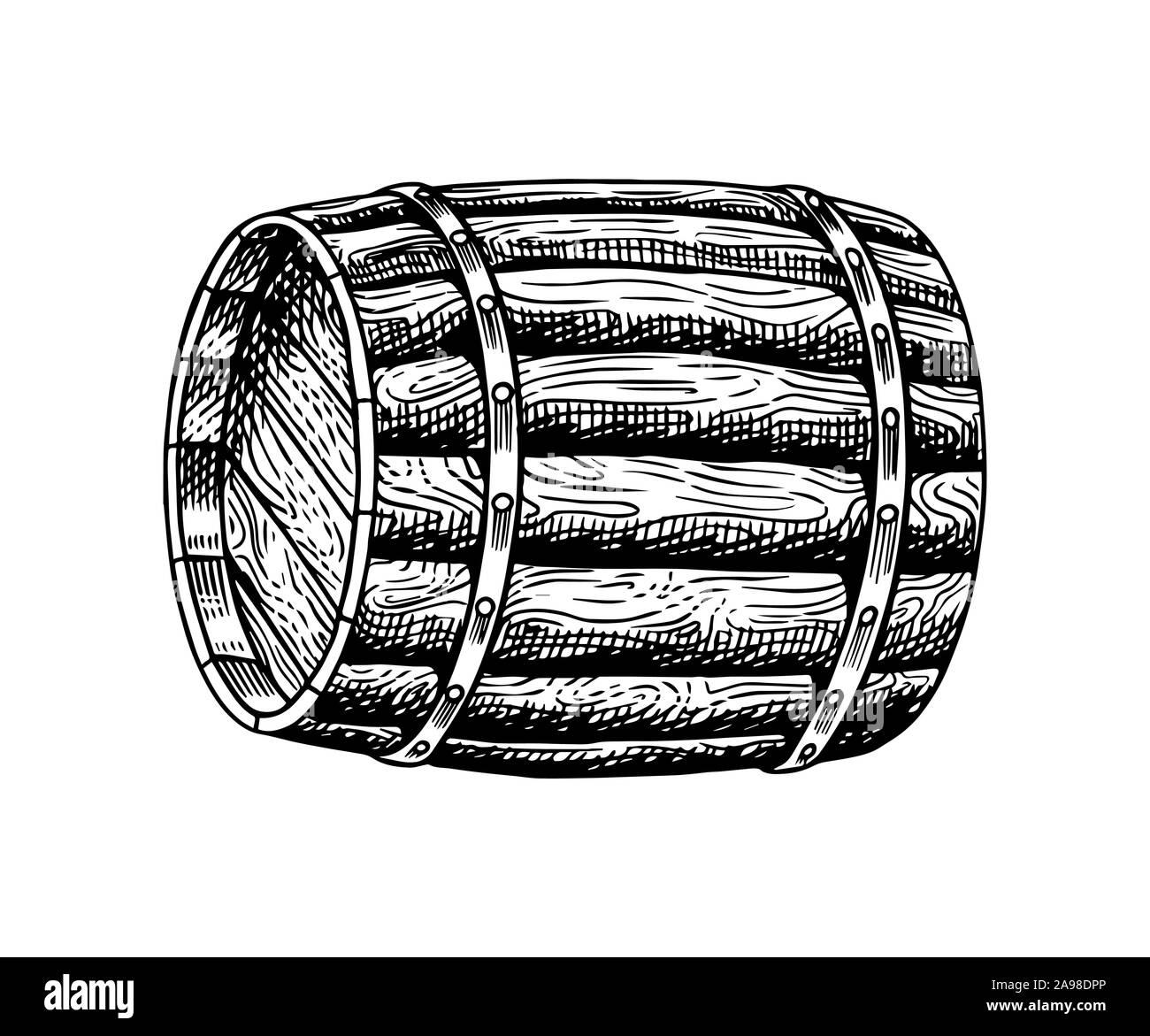 Tonel de vino de madera. Grabado dibujado a mano vintage retro boceto para el logo o whisky etiqueta o menú de alcohol. Ilustración vectorial. Ilustración del Vector