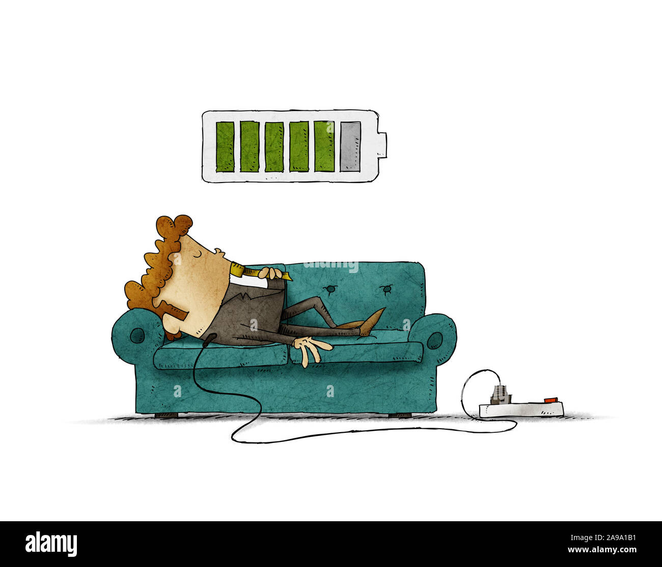 Ilustración de un empresario en el sofá está conectado a la red eléctrica mientras se recarga la energía. Concepto de recarga aislados. Foto de stock