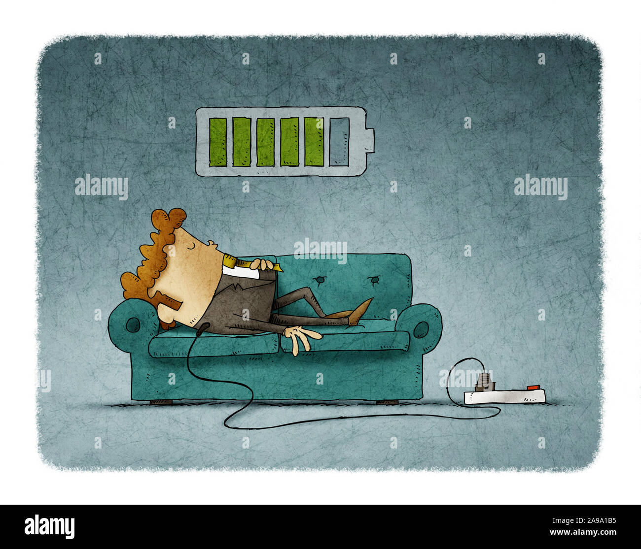 Ilustración de un empresario en el sofá está conectado a la red eléctrica mientras se recarga la energía. Concepto de recarga. Foto de stock