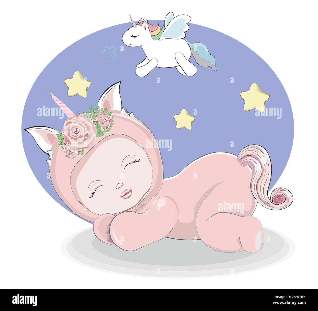 Recien Nacido Duerme Bebe Nina O Nino En Pijamas Ropa De Cama De Felpa De Unicornio Imagen De Estilo De Dibujo A Mano Alzada Para Baby Shower Tarjeta De Felicitacion De Invitacion