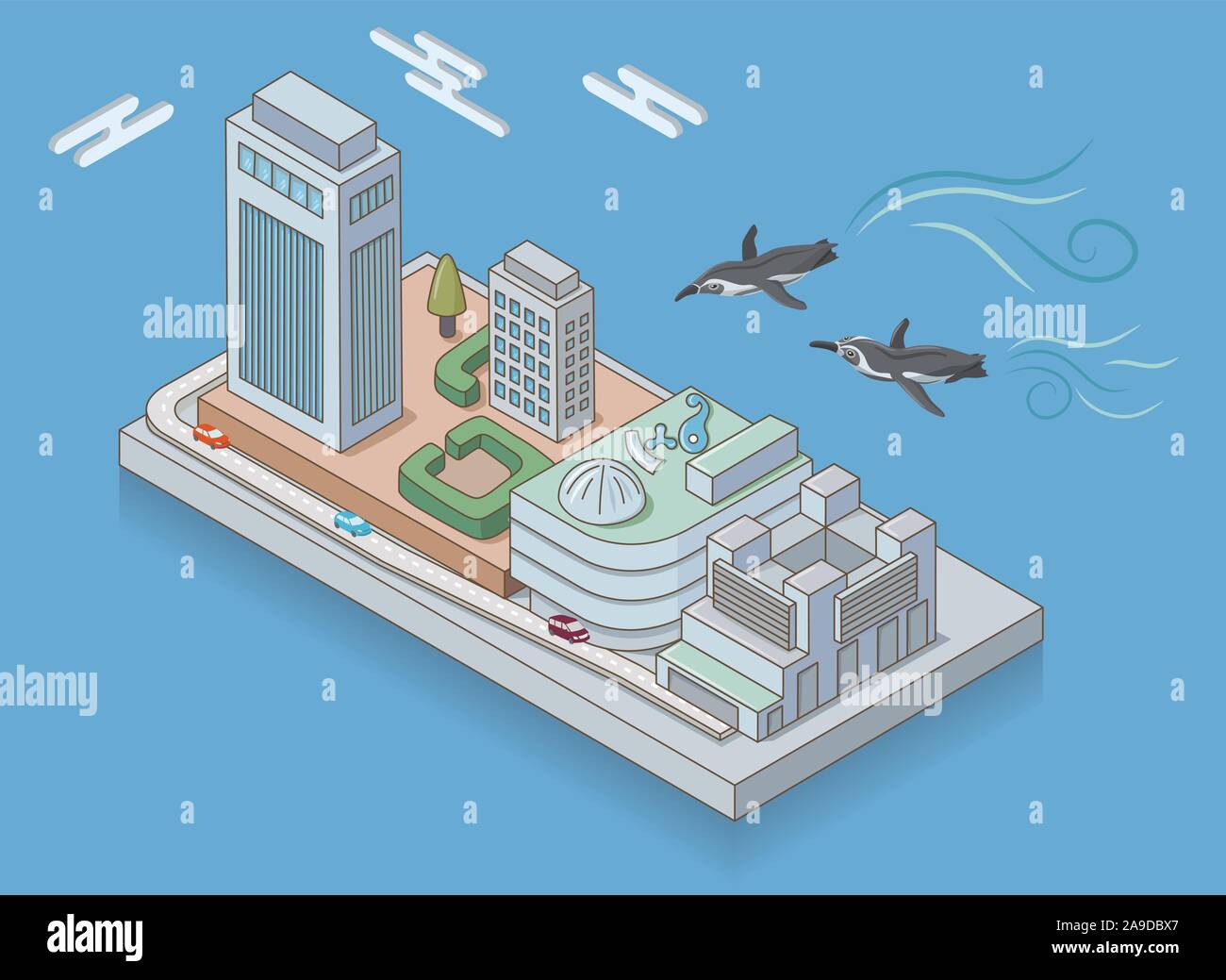 Sunshine City Y Pinguinos Volantes En Ikebukuro Tokio Fondo Azul Isometrica Ilustracion Sol Acuario Con Pinguinos Peruanos Humboldt Imagen Vector De Stock Alamy