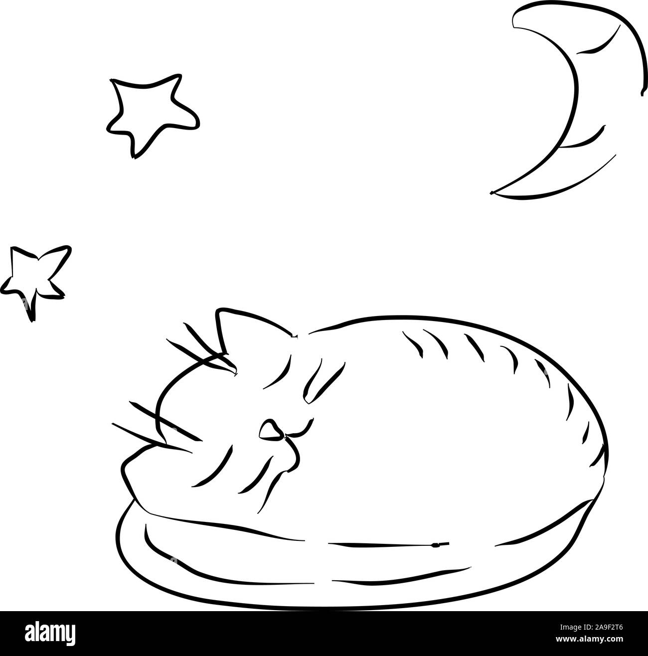 Cat dormir sketch. Arte de dibujo para niños. Buenas noches. Rosca de ilustración Ilustración del Vector