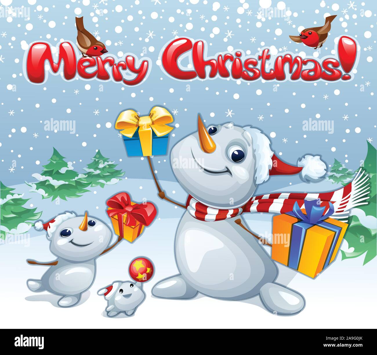 Vacaciones de invierno poster con divertidos personajes de dibujos animados  de Navidad muñecos de nieve Imagen Vector de stock - Alamy