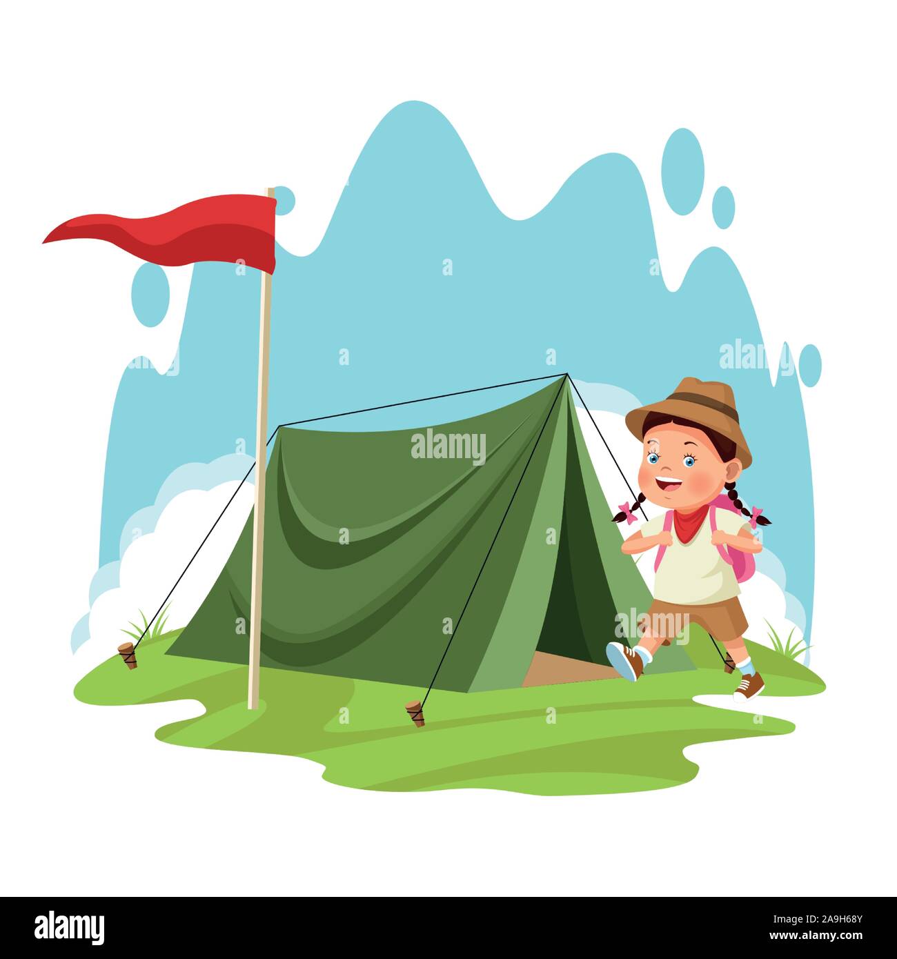 Explorador de dibujos animados chica y camping carpa con bandera roja  Imagen Vector de stock - Alamy