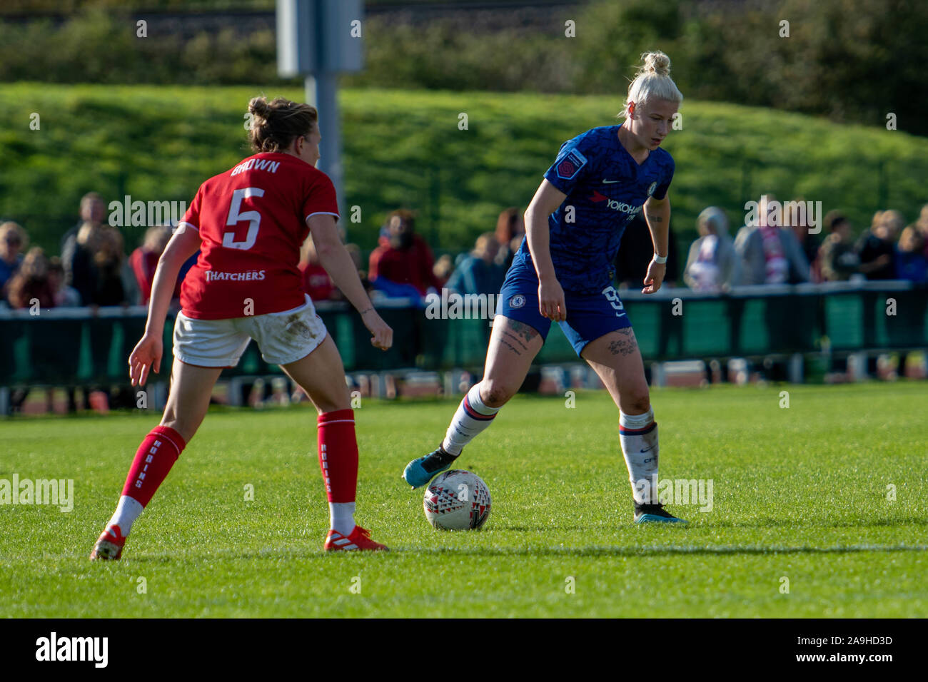 Bristol, Inglaterra, 29 de septiembre de 2019. Barclays FA Femenina Super Liga partido entre Bristol City Mujeres y Chelsea mujeres en el Stoke Gifford Stadium. Foto de stock