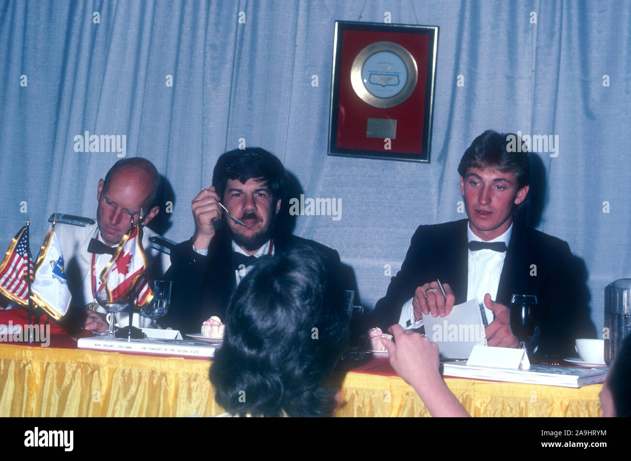 NEW ORLEANS, LA - 24 de junio: El Coronel C. Gordon Fullerton, el Dr. Stephen Jay Gould y jugador de hockey Wayne Gretzky sentarse en una mesa durante 1982 la Academia de Logros Premios placa de oro el 24 de junio de 1982 en Nueva Orleans, Luisiana. (Foto por Hy Peskin) *** Local Caption *** Gordon Fullerton;Stephen Jay Gould;Wayne Gretzky Foto de stock