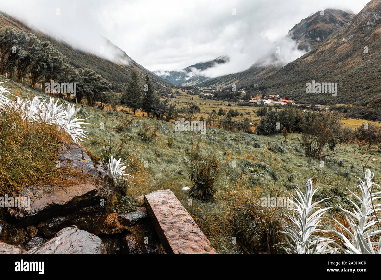 Cajas National Park durante la temporada de lluvias. Las nubes suelen caer en los valles como el clima cambia rápidamente durante esta temporada de frío y húmedo. Foto de stock